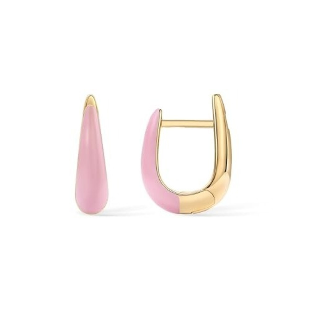 Pink Enamel Huggie Hoop Earrings 14K Gold Plated U-Shape Teardrop Hoops